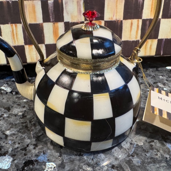 Mackenzie Childs Courtly Check Metal Tea Kettle Ornament Rare Mint in Gift Box - Picture 3 of 8